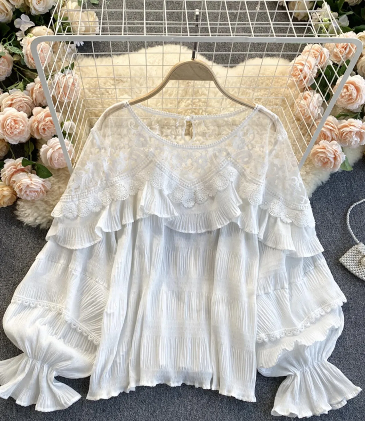 Stylish long sleeve tops see through lace tops   S86