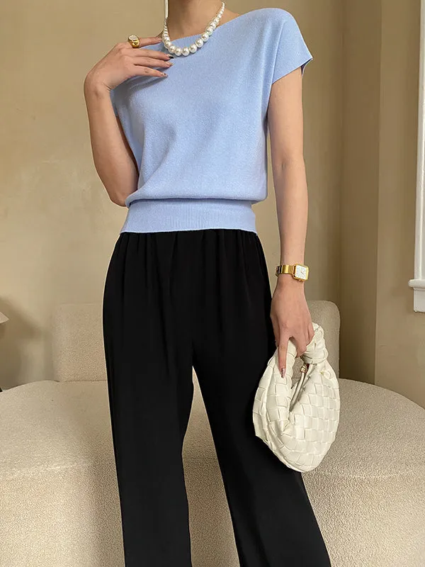 Stylish Loose Solid Color Boat Neck Knitwear Pullovers Tops