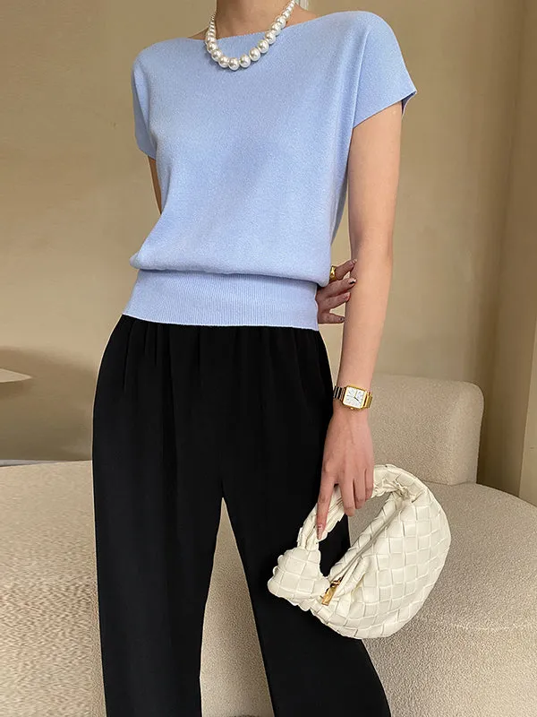 Stylish Loose Solid Color Boat Neck Knitwear Pullovers Tops