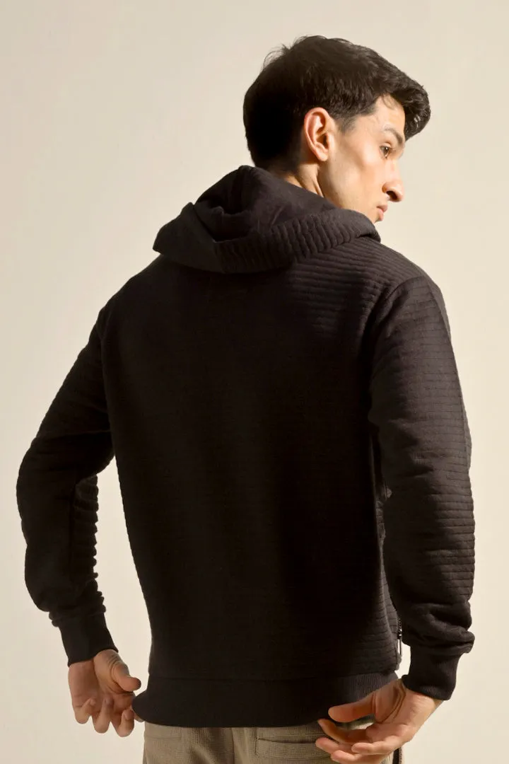 Textured Zipper Hoodie - Black