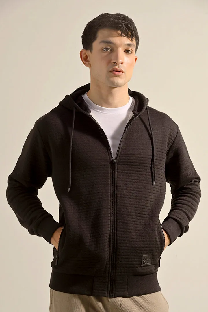 Textured Zipper Hoodie - Black