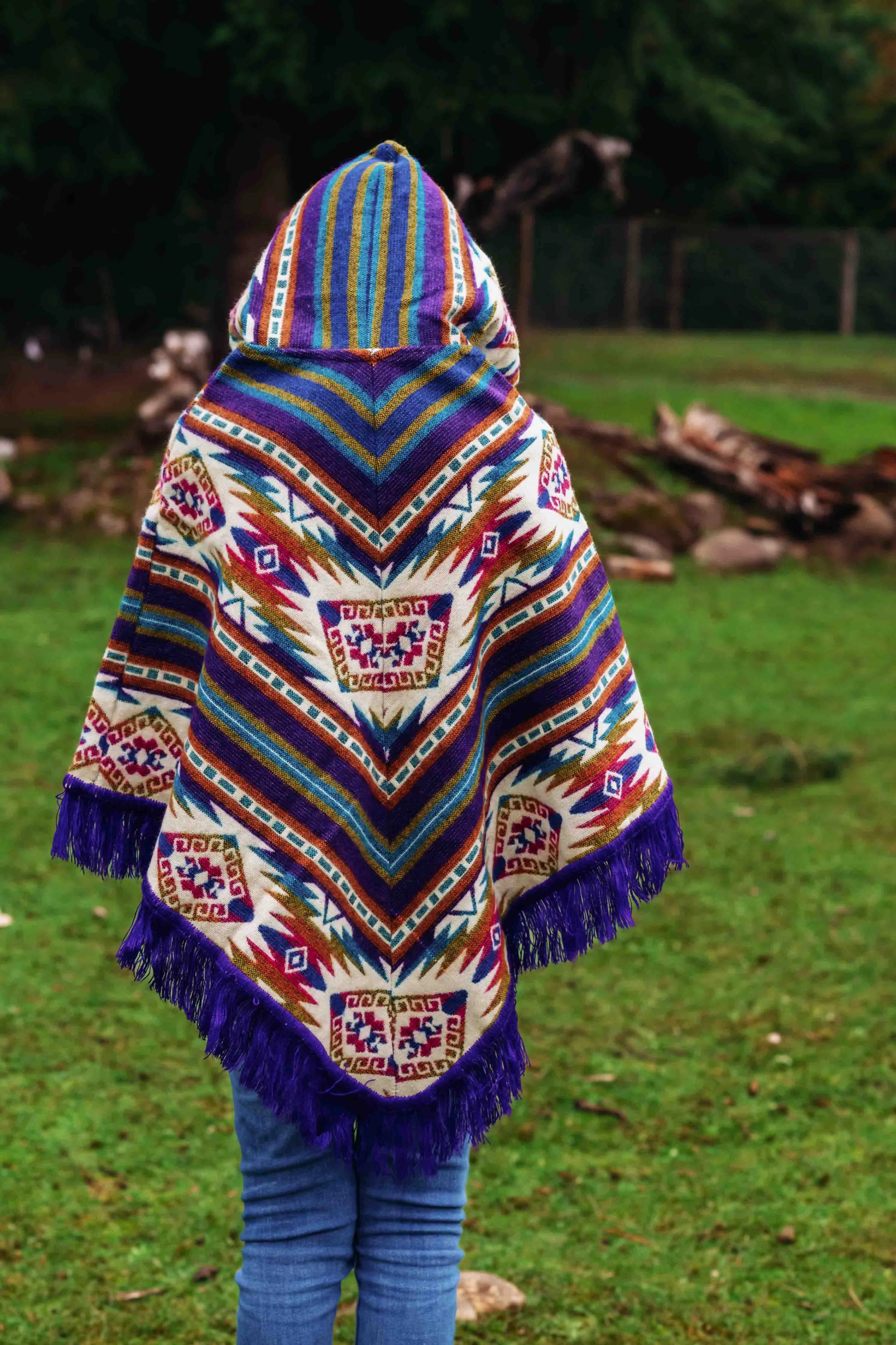 Toddler Kids Conquistador Alpaca Poncho - Blue - with Native Pattern Triangular Design