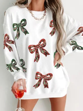 Trendy Plaid Bow Christmas Sweater with Sequin Details