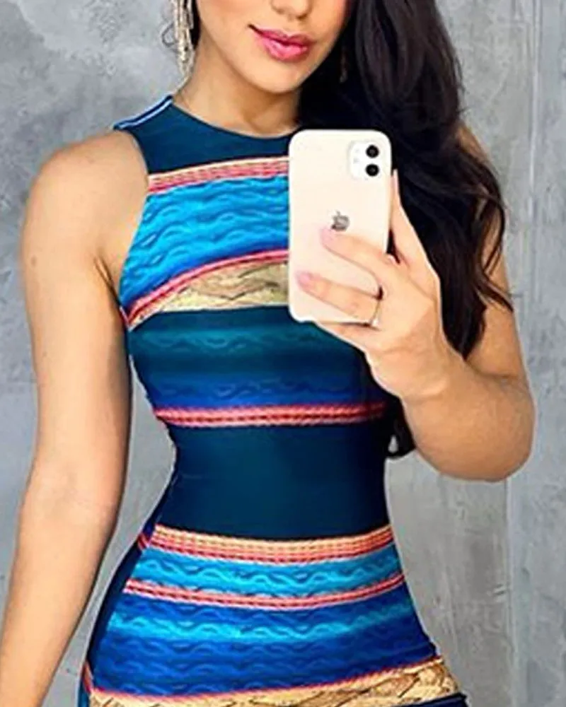 Tribal Print O neck Slit Bodycon Dress