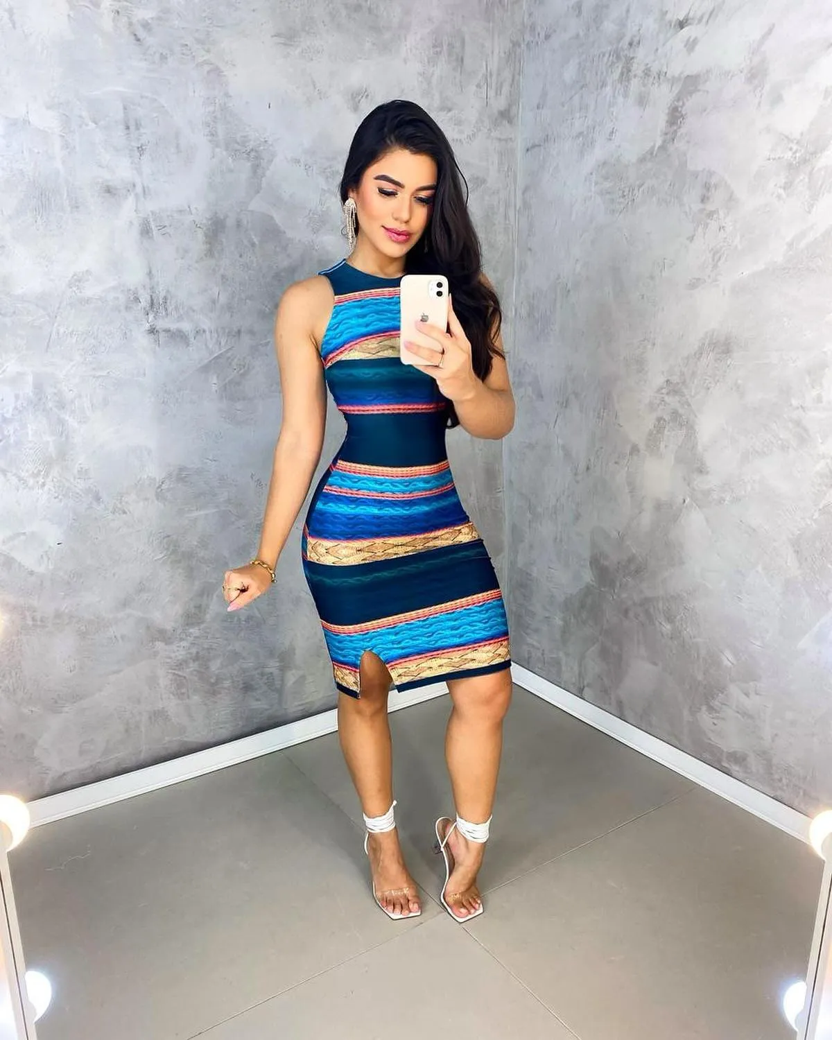 Tribal Print O neck Slit Bodycon Dress