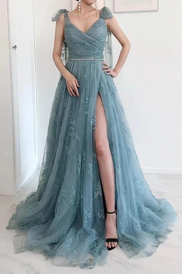 Tulle A-line Bow Tie Straps High Split Prom Dresses, Long Formal Dresses, SP928