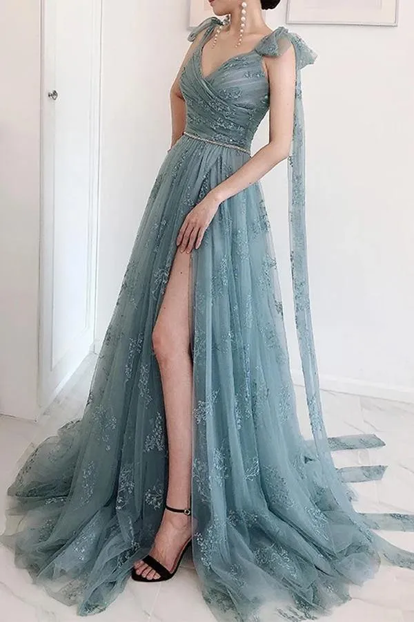 Tulle A-line Bow Tie Straps High Split Prom Dresses, Long Formal Dresses, SP928