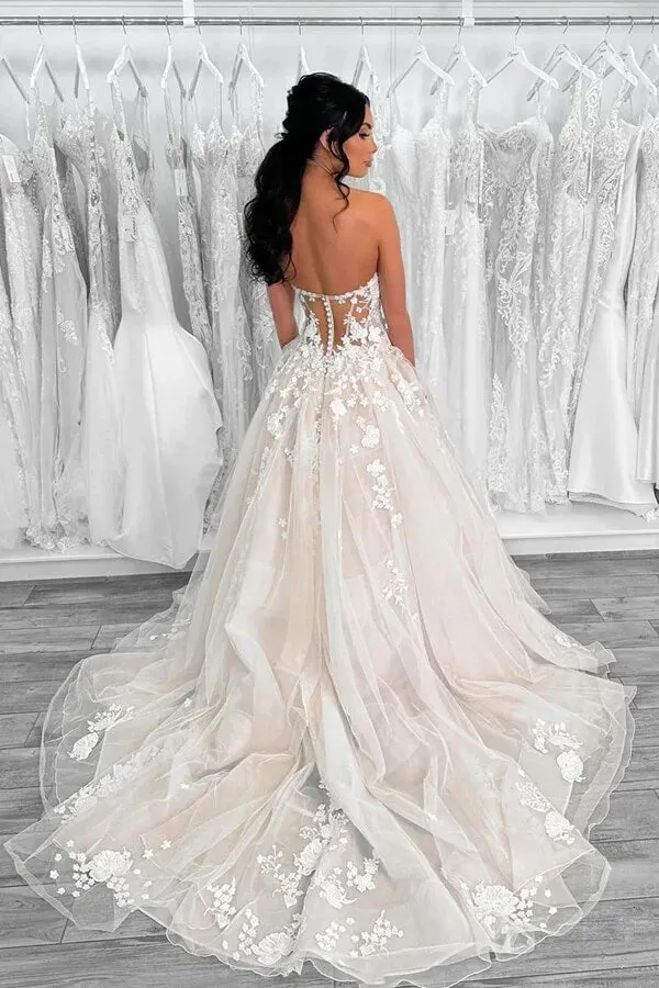 Tulle A-line Strapless Wedding Dresses With Lace Appliques, Bridal Gown, SW673