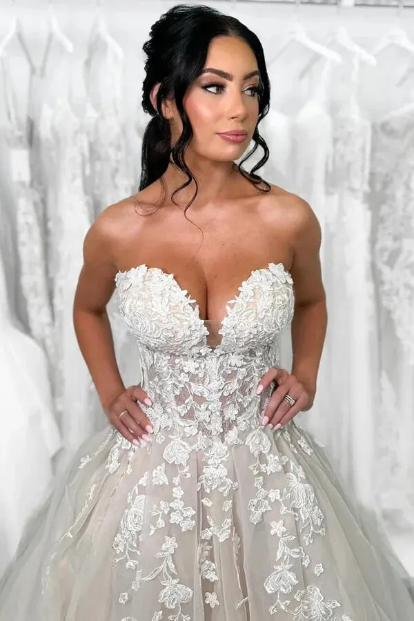 Tulle A-line Strapless Wedding Dresses With Lace Appliques, Bridal Gown, SW673