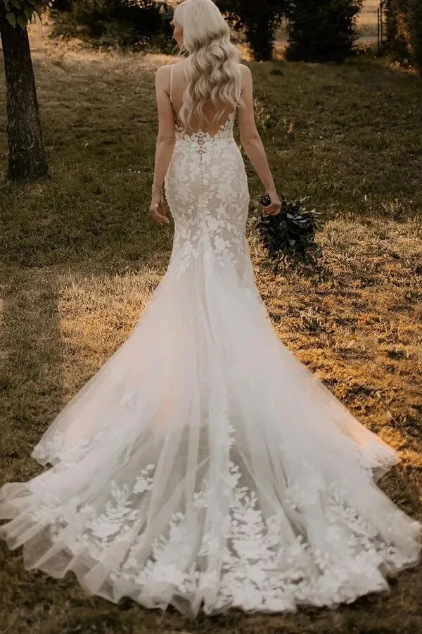 Tulle Mermaid V-neck Wedding Dresses With Lace Appliques, Bridal Dress, SW657