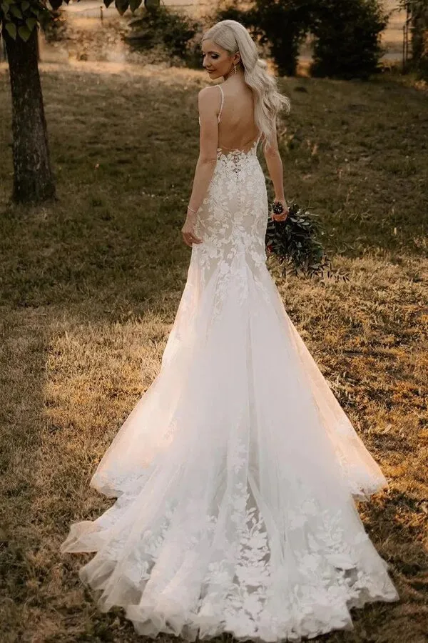 Tulle Mermaid V-neck Wedding Dresses With Lace Appliques, Bridal Dress, SW657