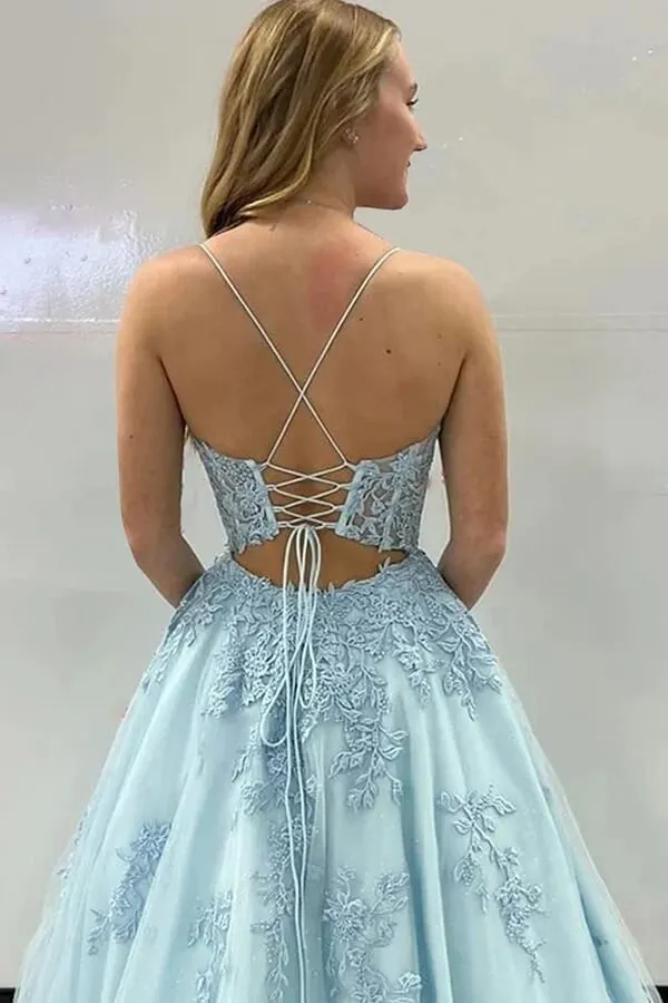 Tulle Spaghetti Straps Corset Back Prom Dresses With Lace Appliques, SP972