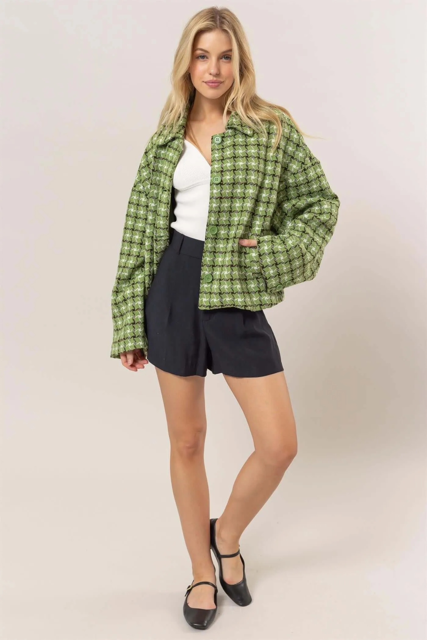 Tweed Plaid Collared Neck Jacket