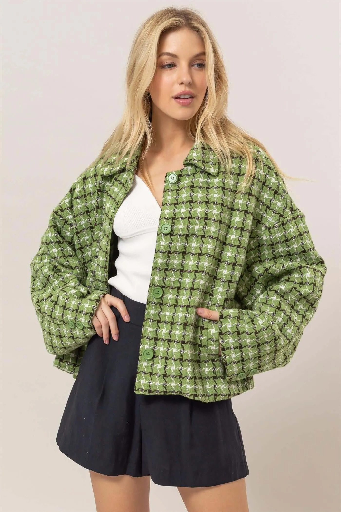 Tweed Plaid Collared Neck Jacket