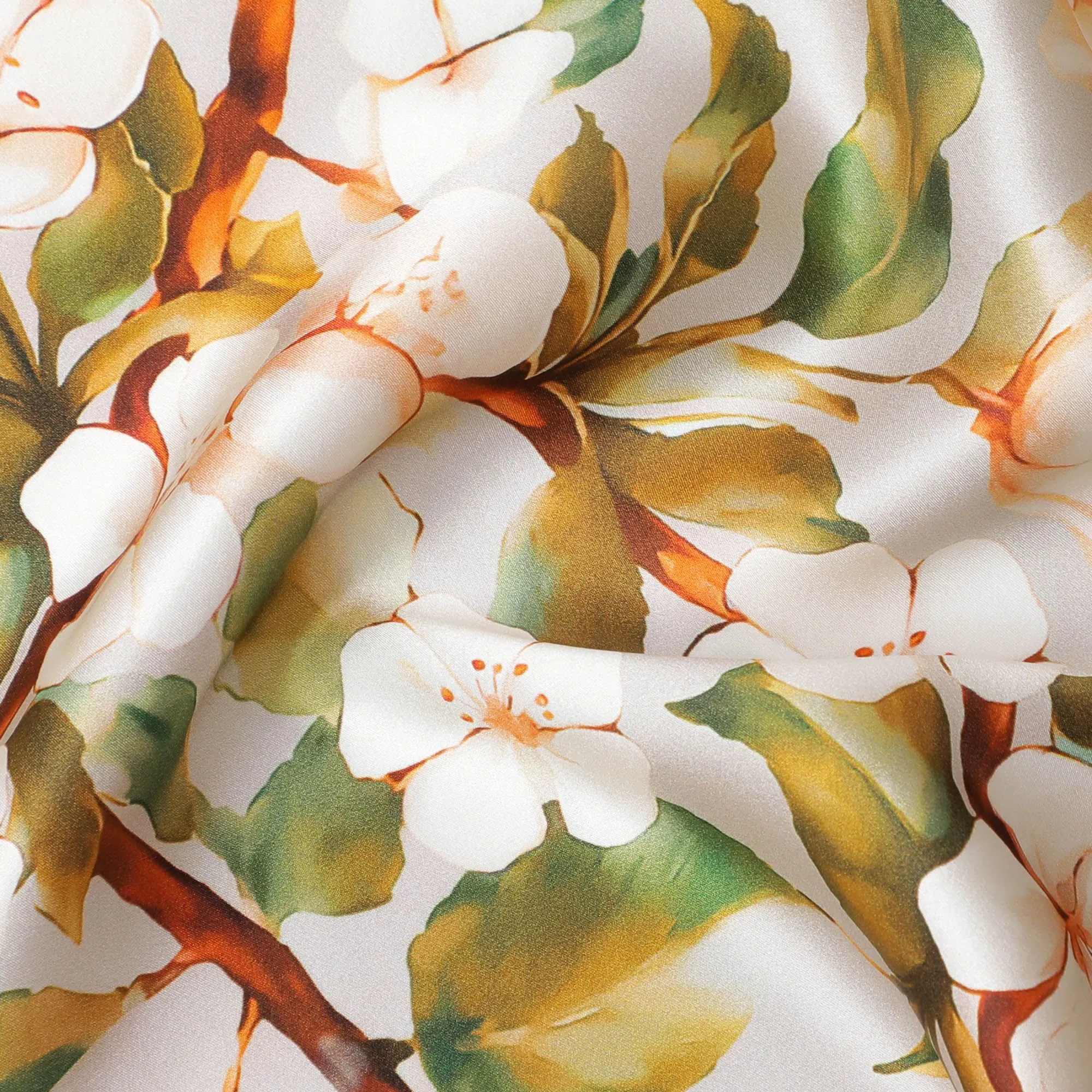 Vanilla Blossom Pure Silk Satin Fabric - Lush Botanical Print, Exquisite Italian Quality, 140cm Width-D18703