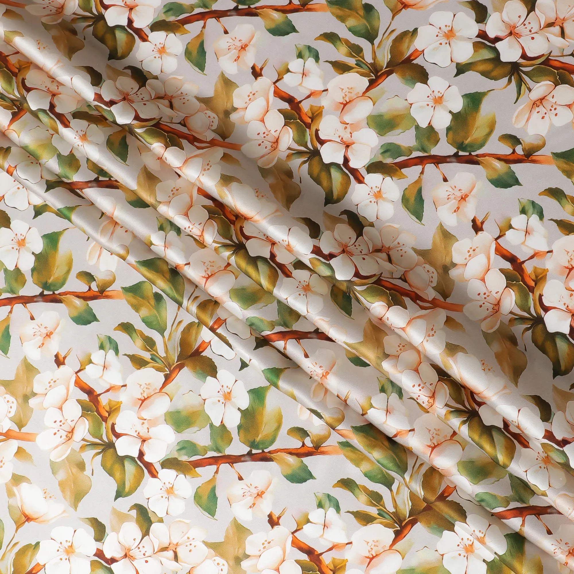 Vanilla Blossom Pure Silk Satin Fabric - Lush Botanical Print, Exquisite Italian Quality, 140cm Width-D18703