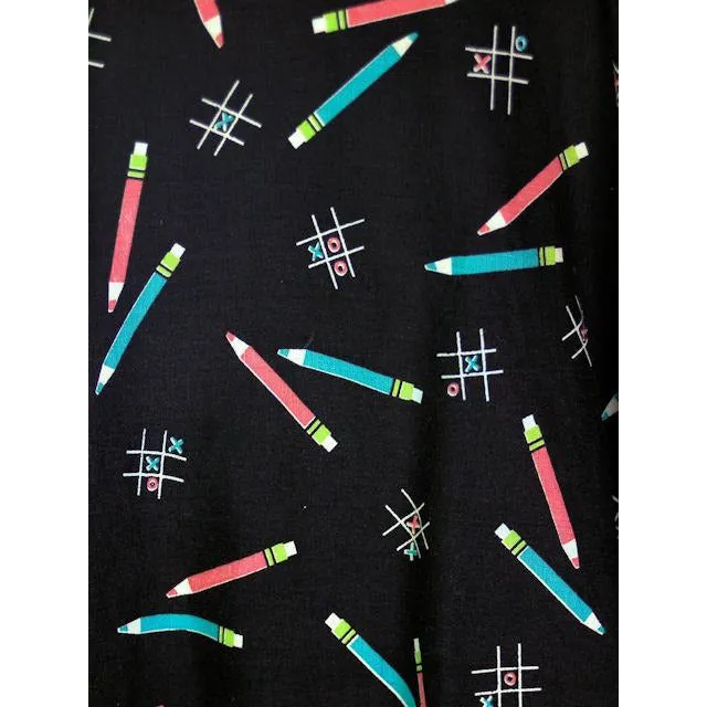 Vintage Cotton Printed Circle Skirt "Crayons" Tic Tac Toe on Black 1950s 28" Waist