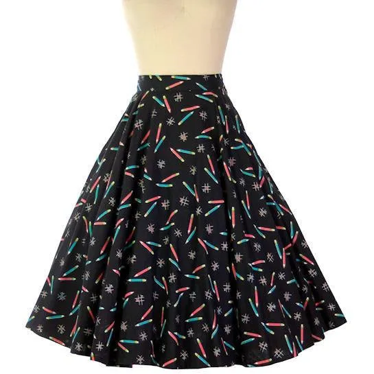 Vintage Cotton Printed Circle Skirt "Crayons" Tic Tac Toe on Black 1950s 28" Waist