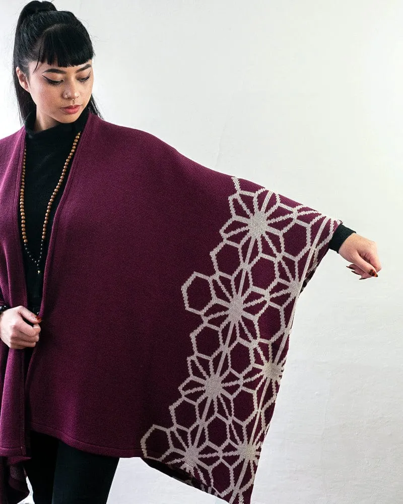 Wa-Modern Poncho, Maroon and Cream Asanoha