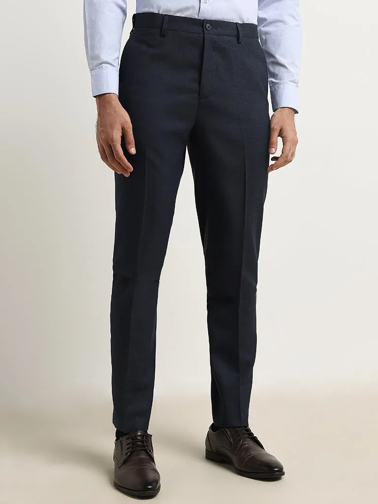 WES Formals Navy Relaxed-Fit Mid-Rise Trousers