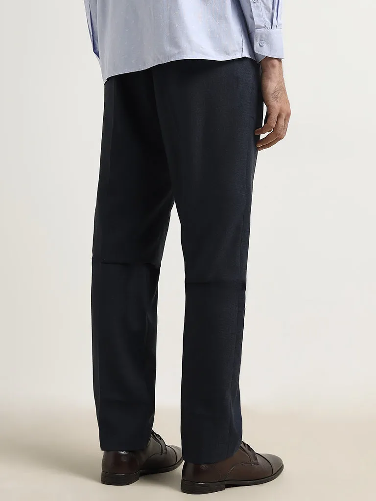 WES Formals Navy Relaxed-Fit Mid-Rise Trousers