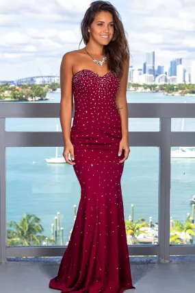 Wine Sequin Strapless Maxi Dress