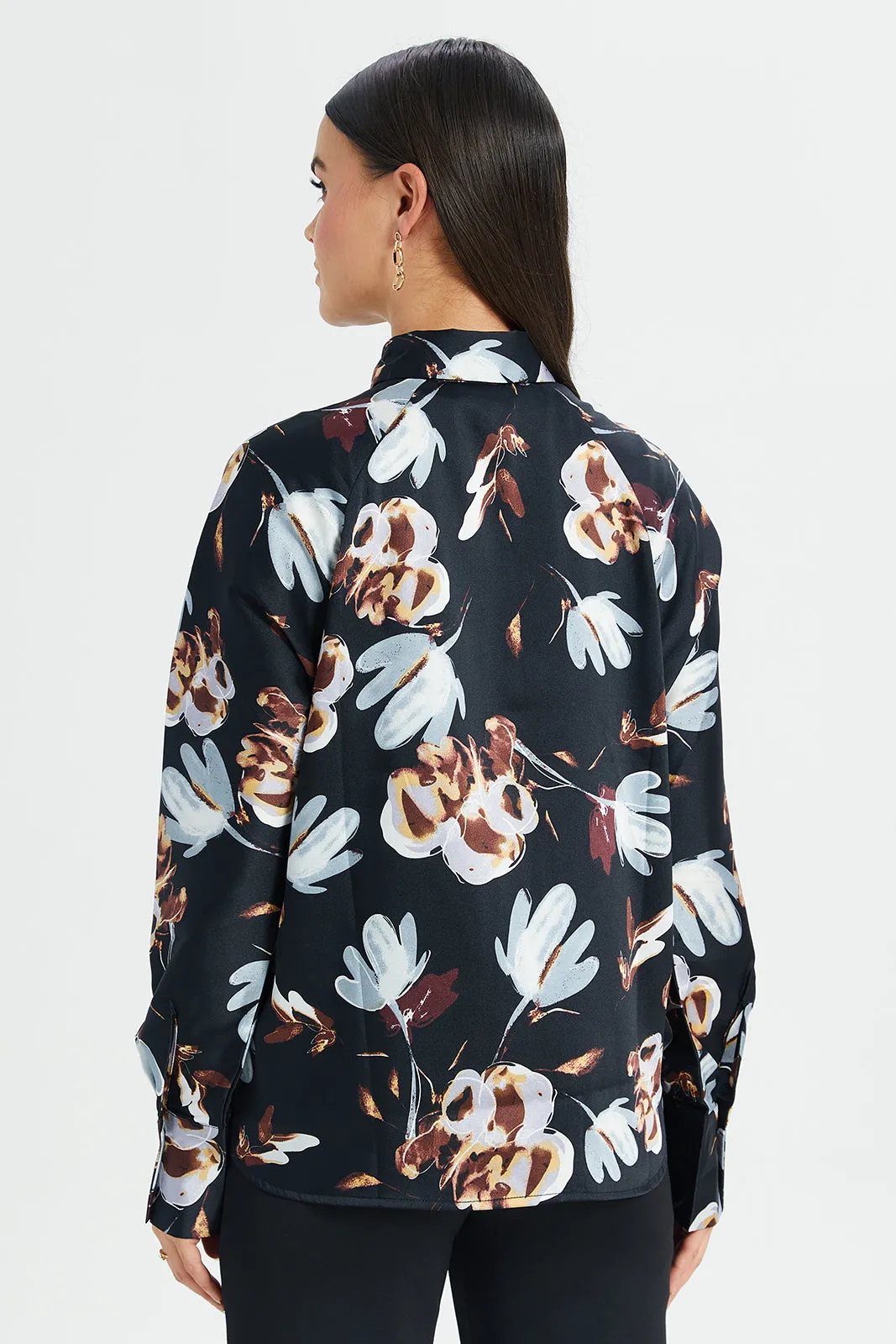 Women Black Floral Printed Satin Blouse