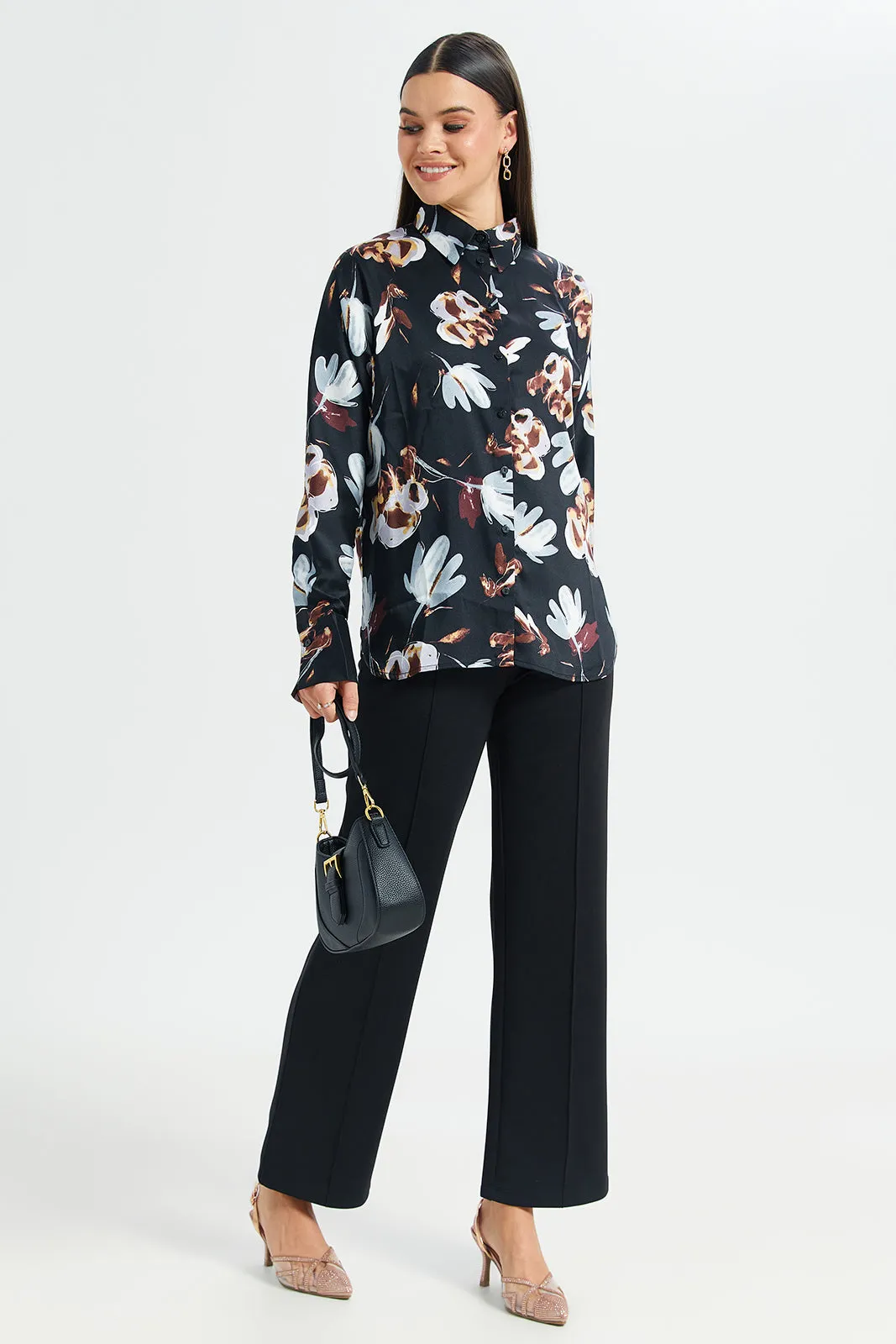 Women Black Floral Printed Satin Blouse