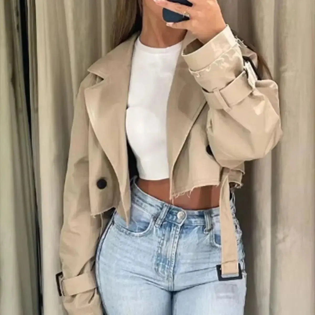 Women Fashion Belt Cropped Coat Long Sleeve Turn Down Collar Short Jacket Vintage Chic Double Breasted Trench Coats Lady Outfit