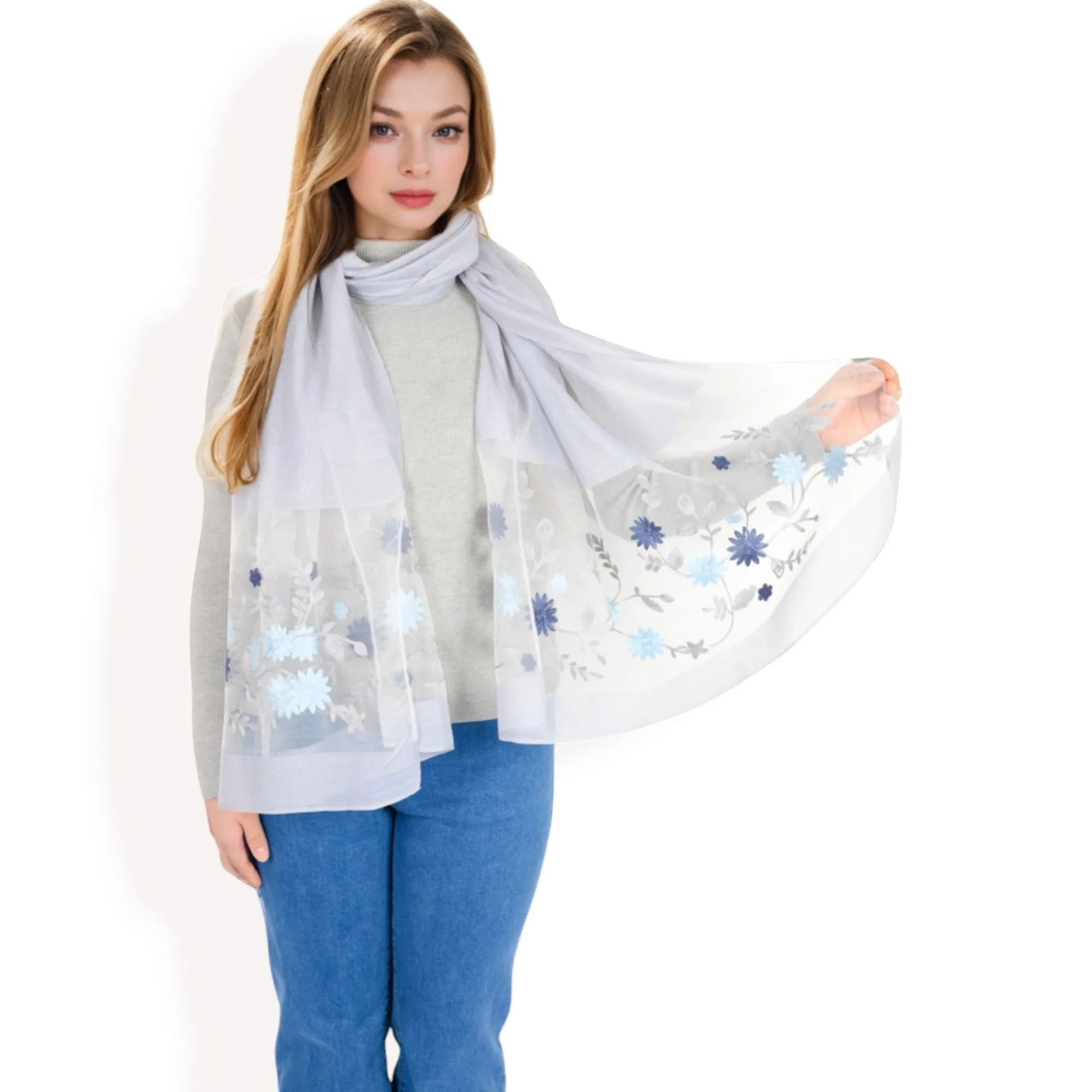 Women's Elegant Floral Scarf with Lightweight Textured Fabric Overlay for Sophisticated Style