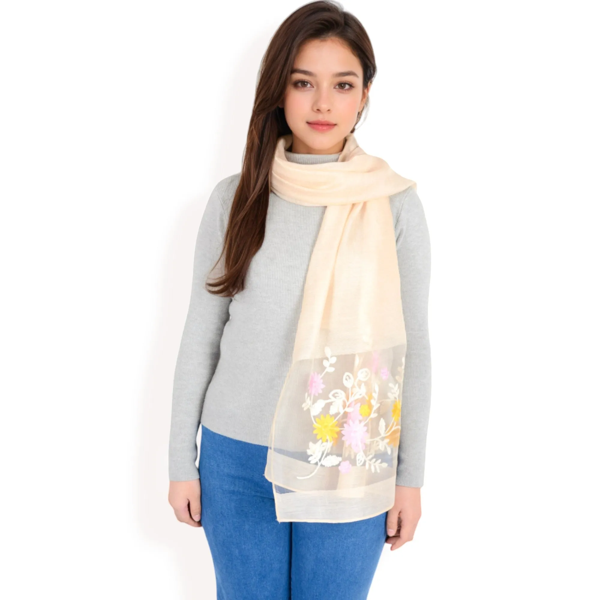 Women's Elegant Floral Scarf with Lightweight Textured Fabric Overlay for Sophisticated Style