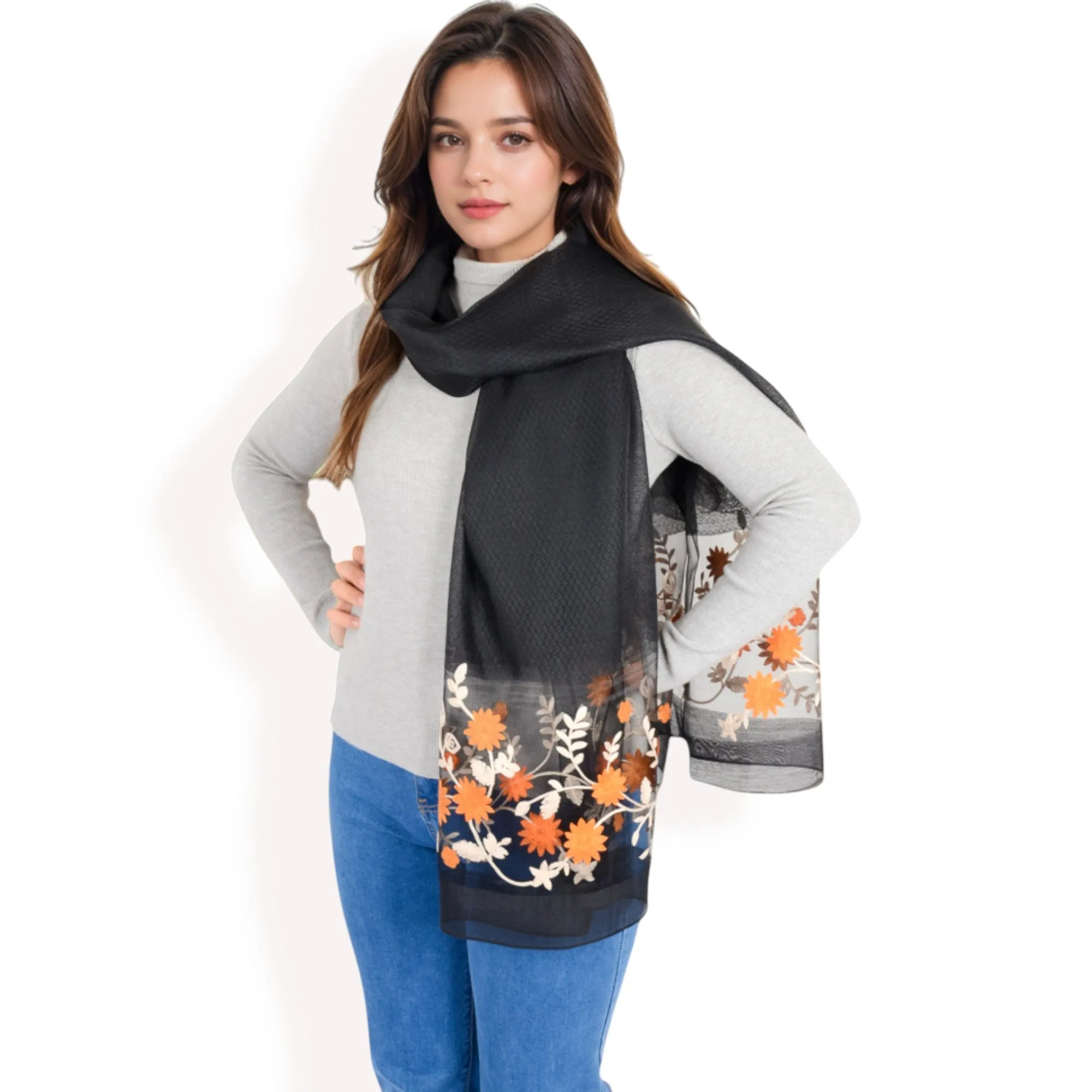 Women's Elegant Floral Scarf with Lightweight Textured Fabric Overlay for Sophisticated Style