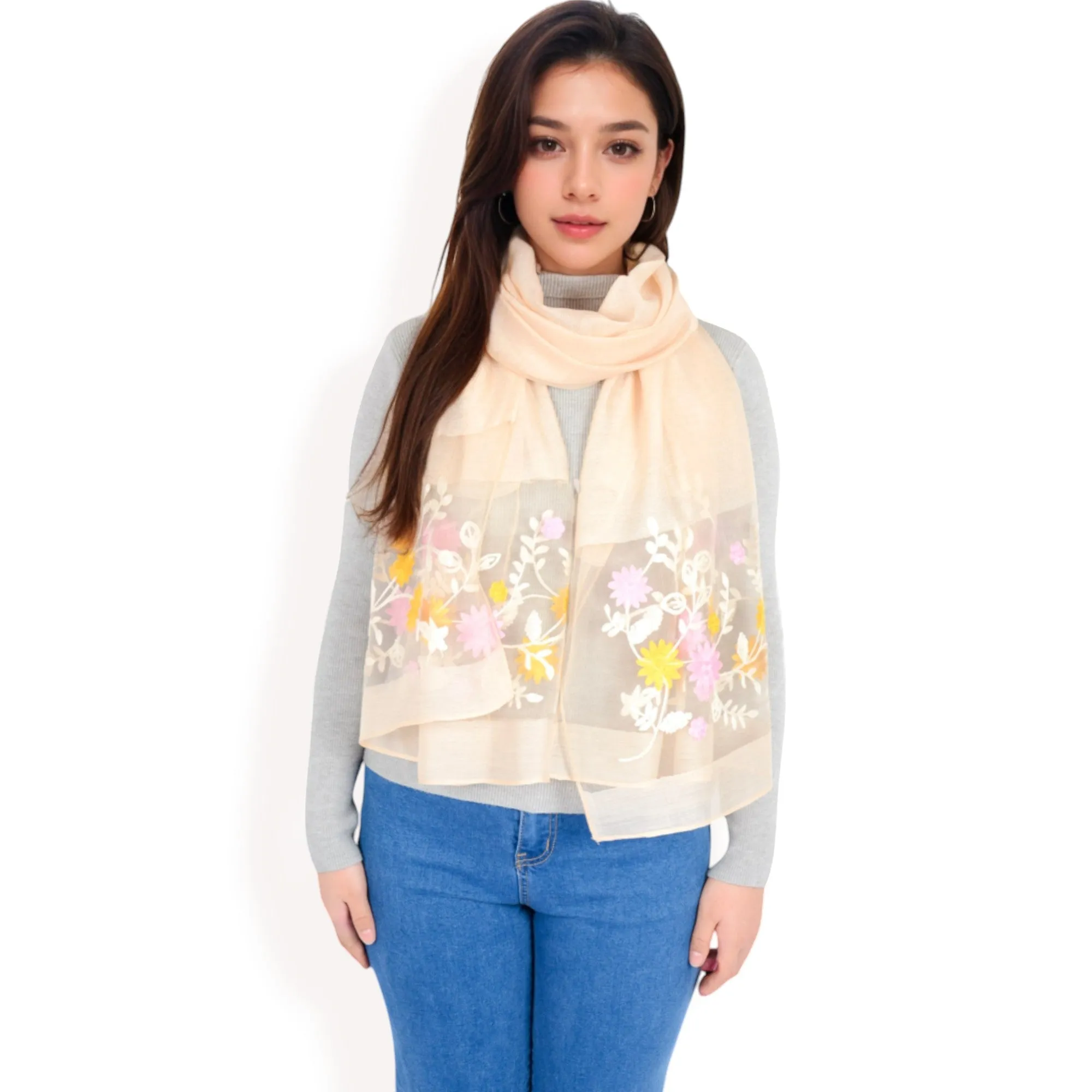 Women's Elegant Floral Scarf with Lightweight Textured Fabric Overlay for Sophisticated Style