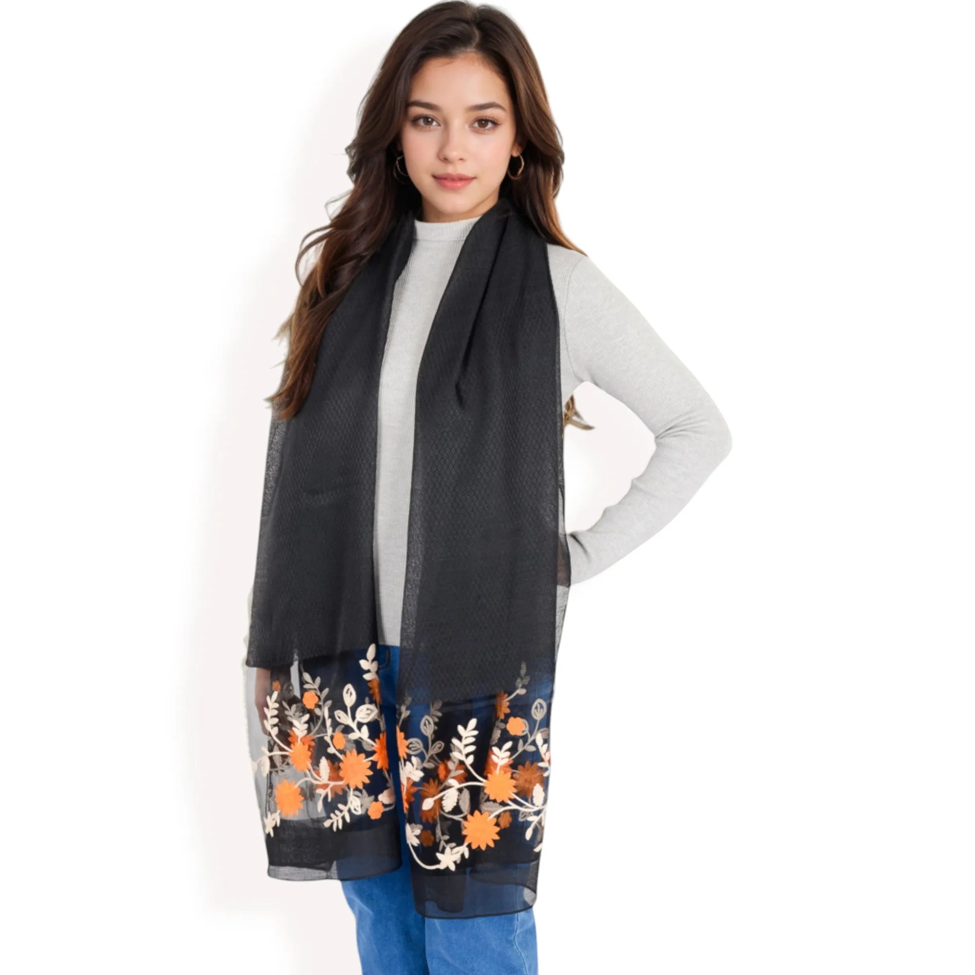 Women's Elegant Floral Scarf with Lightweight Textured Fabric Overlay for Sophisticated Style