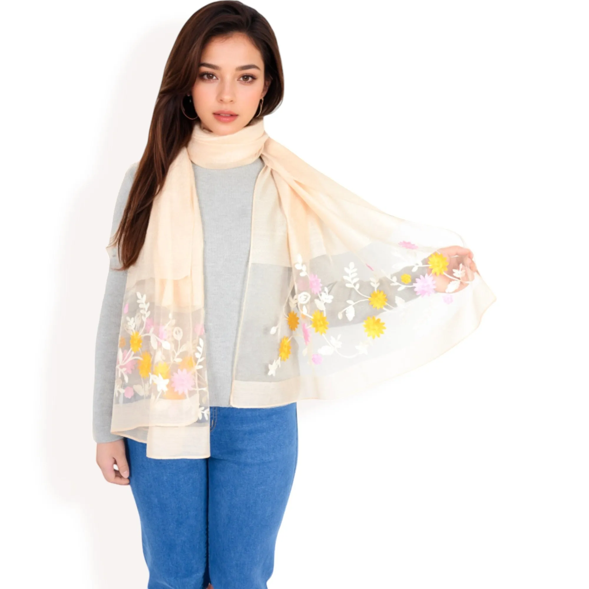 Women's Elegant Floral Scarf with Lightweight Textured Fabric Overlay for Sophisticated Style