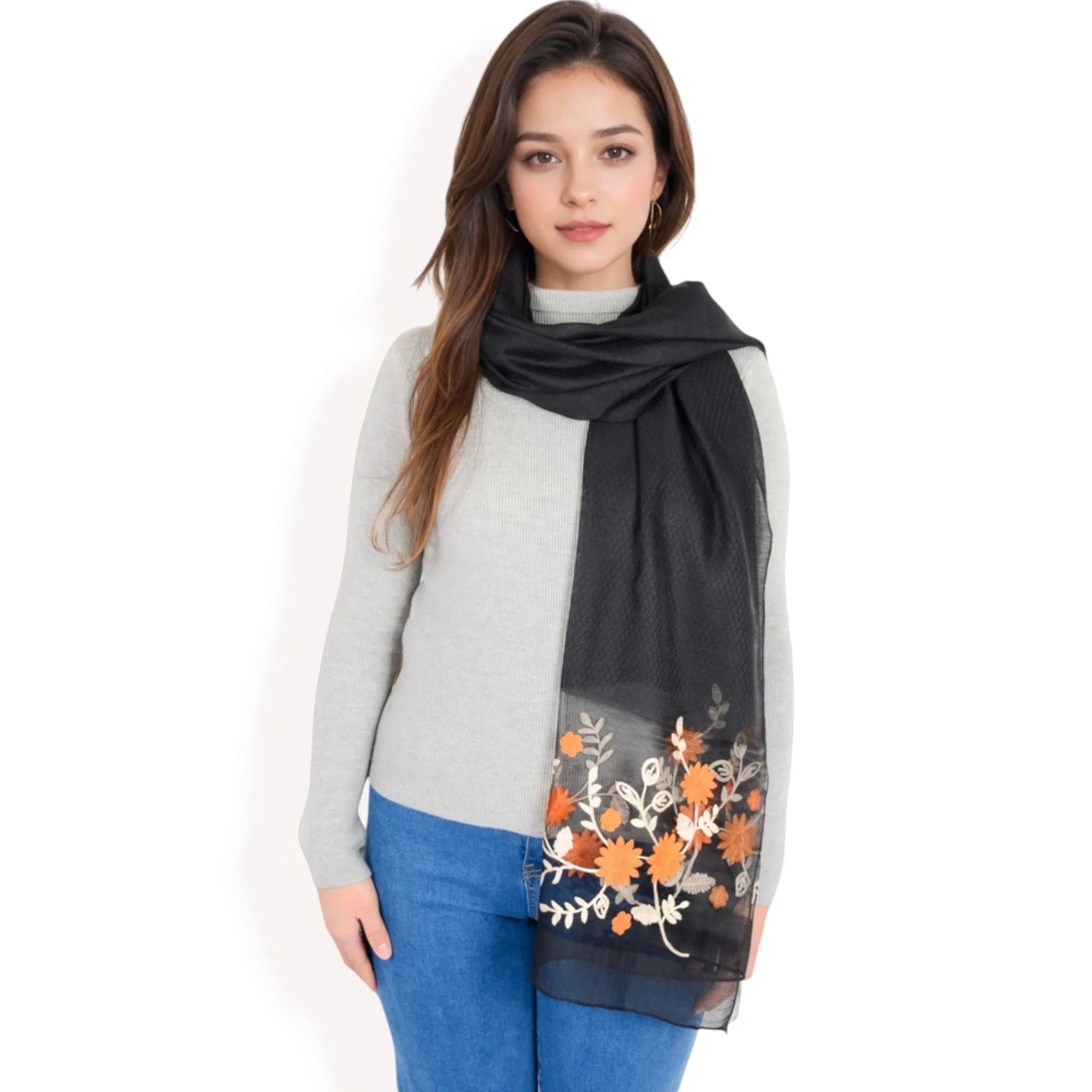 Women's Elegant Floral Scarf with Lightweight Textured Fabric Overlay for Sophisticated Style