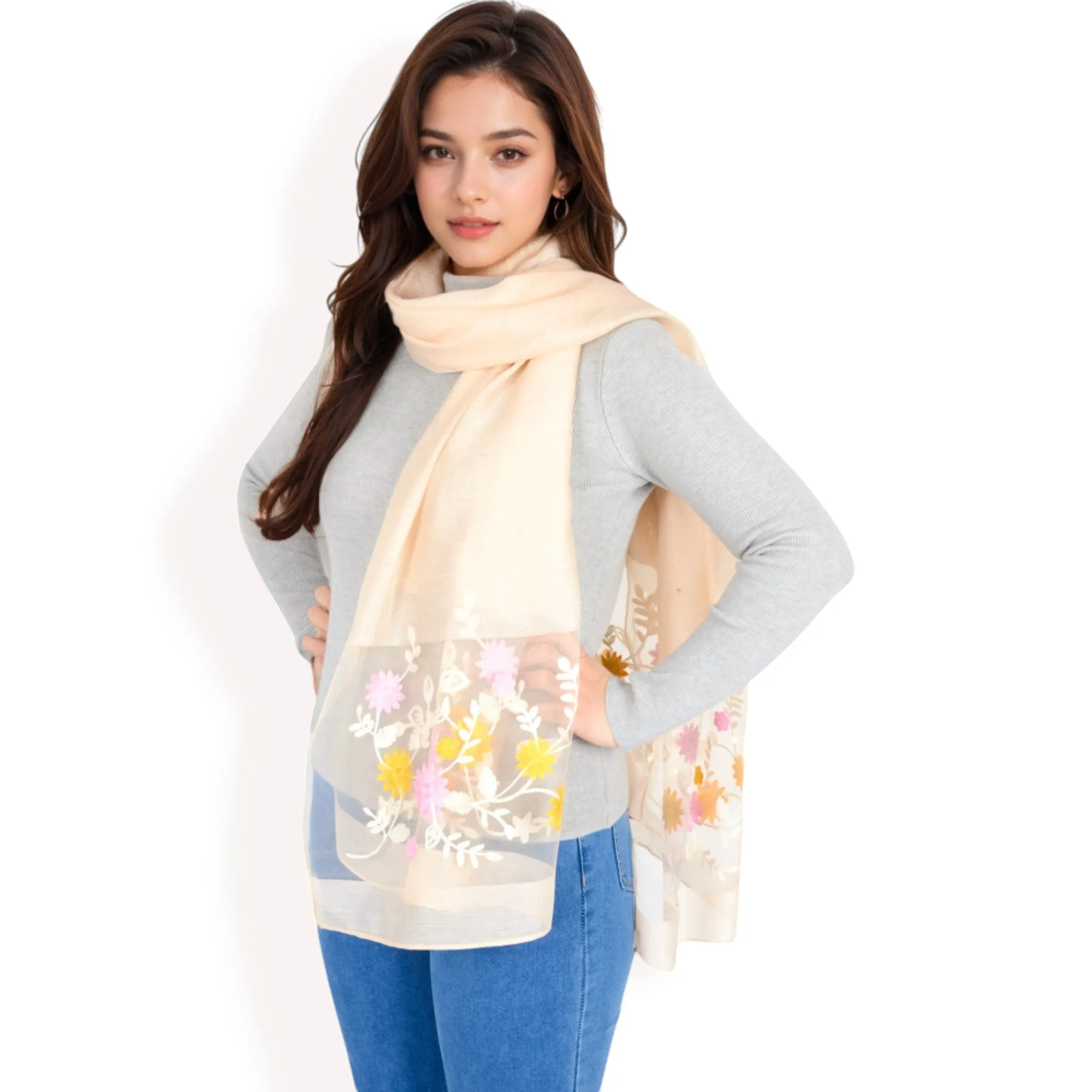 Women's Elegant Floral Scarf with Lightweight Textured Fabric Overlay for Sophisticated Style