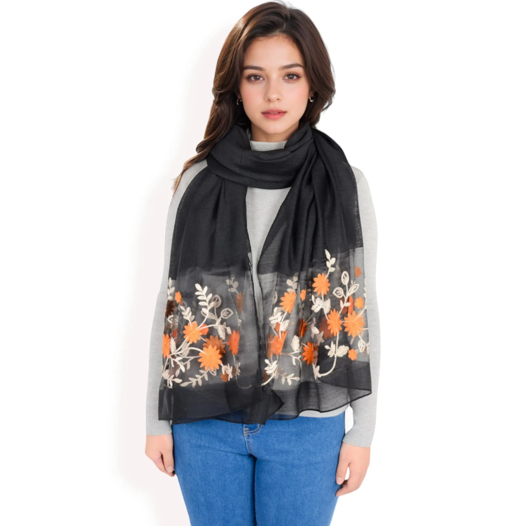 Women's Elegant Floral Scarf with Lightweight Textured Fabric Overlay for Sophisticated Style