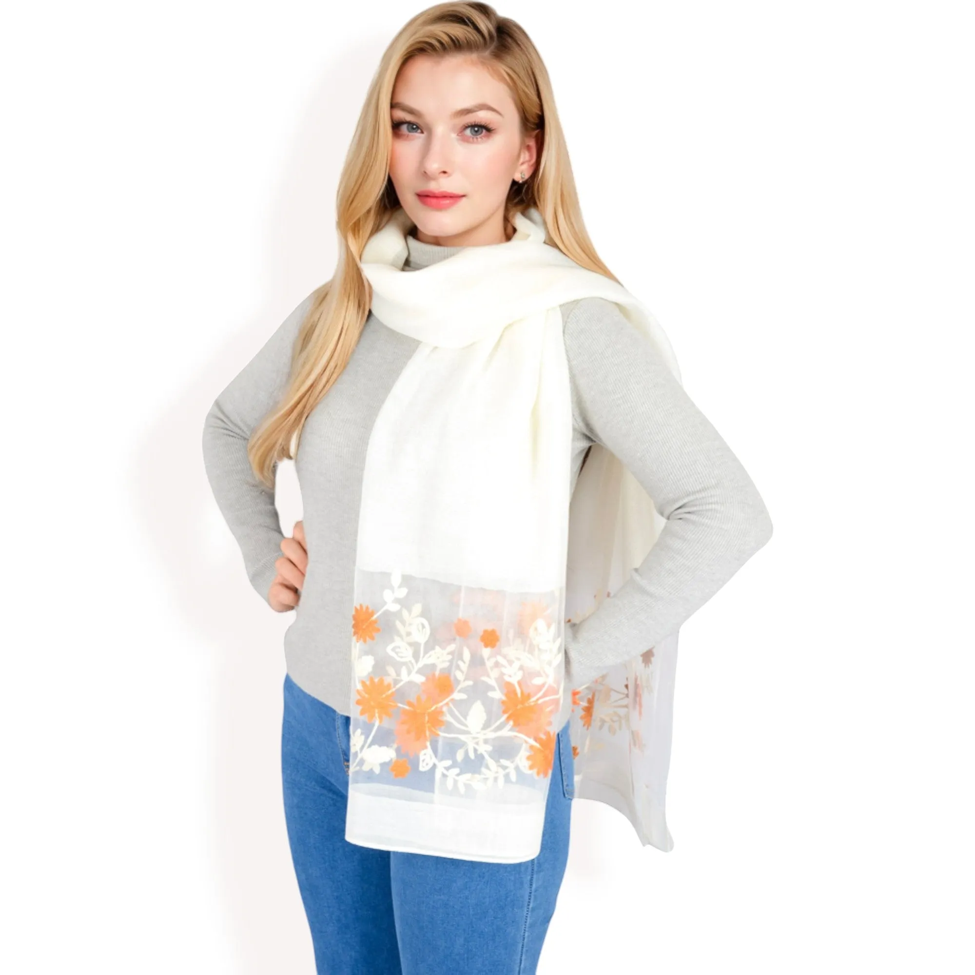 Women's Elegant Floral Scarf with Lightweight Textured Fabric Overlay for Sophisticated Style