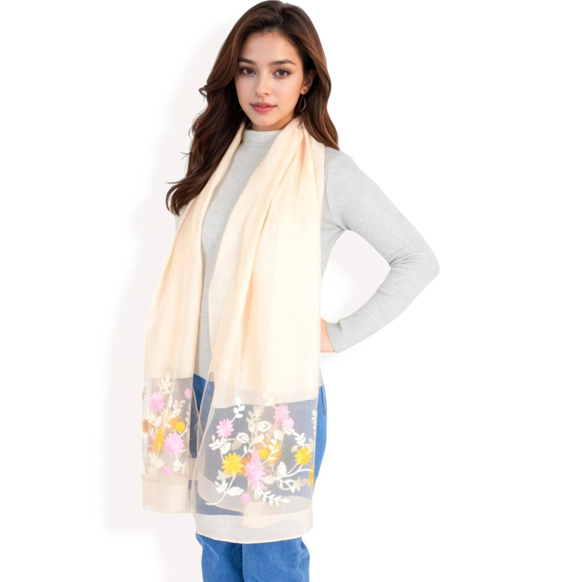 Women's Elegant Floral Scarf with Lightweight Textured Fabric Overlay for Sophisticated Style