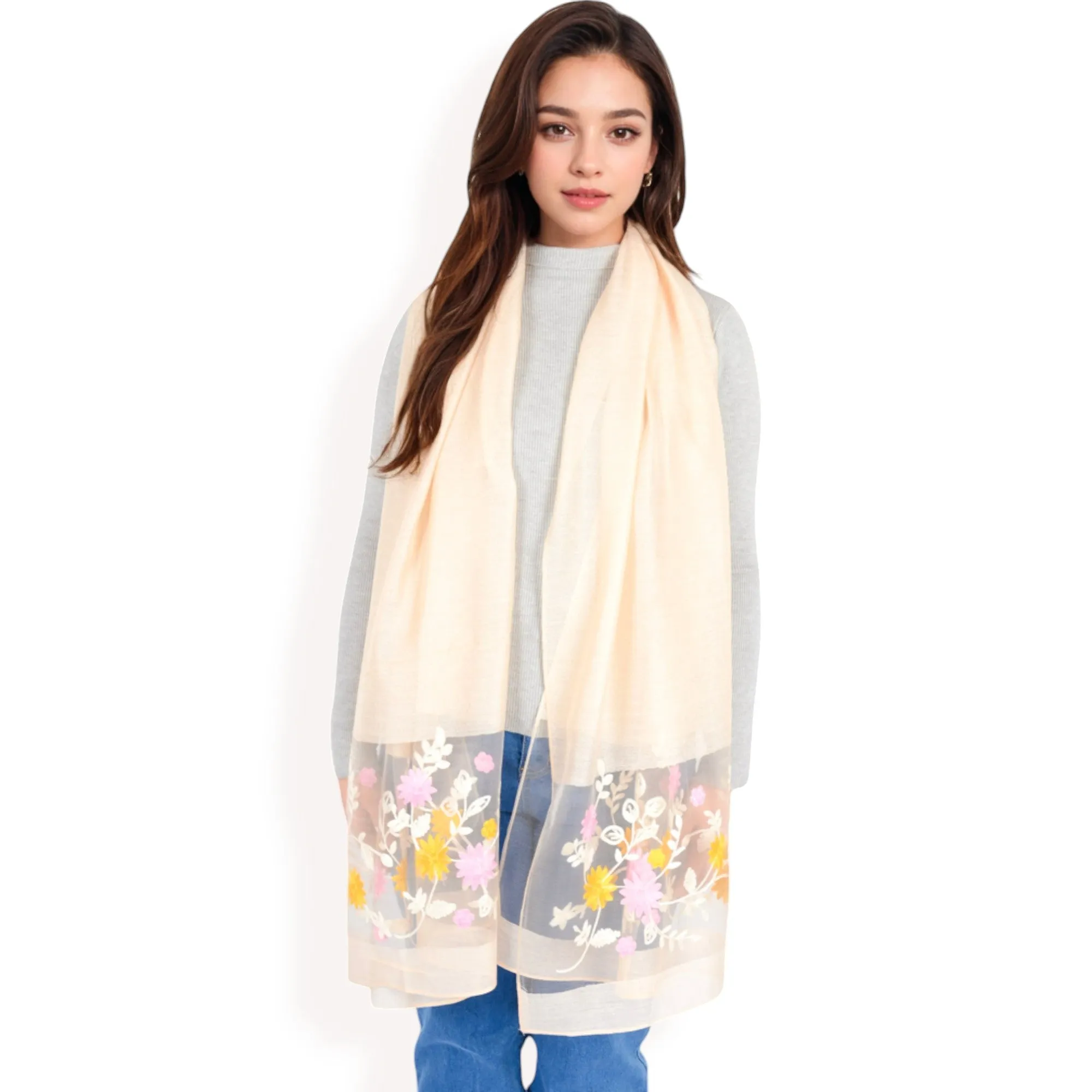 Women's Elegant Floral Scarf with Lightweight Textured Fabric Overlay for Sophisticated Style