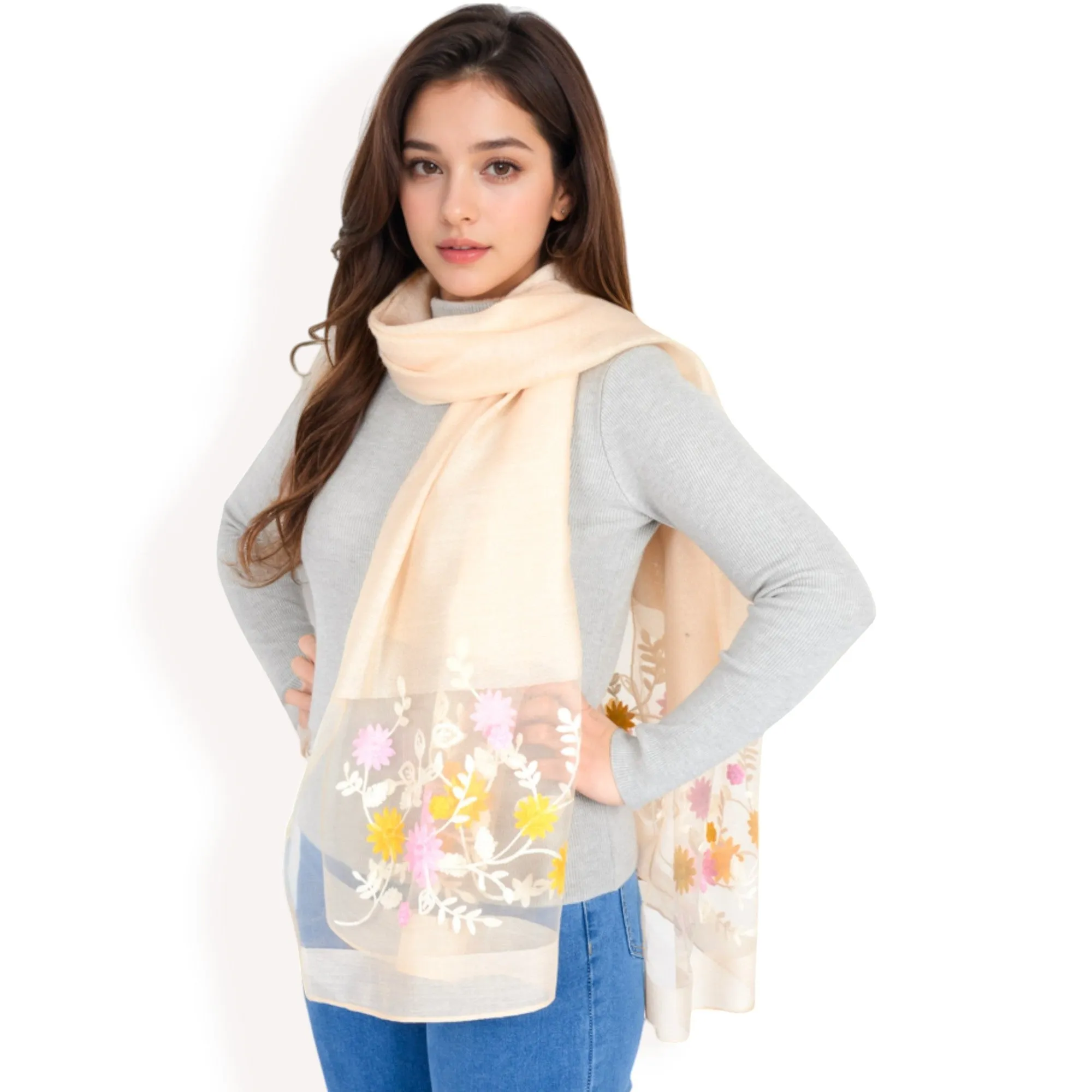 Women's Elegant Floral Scarf with Lightweight Textured Fabric Overlay for Sophisticated Style