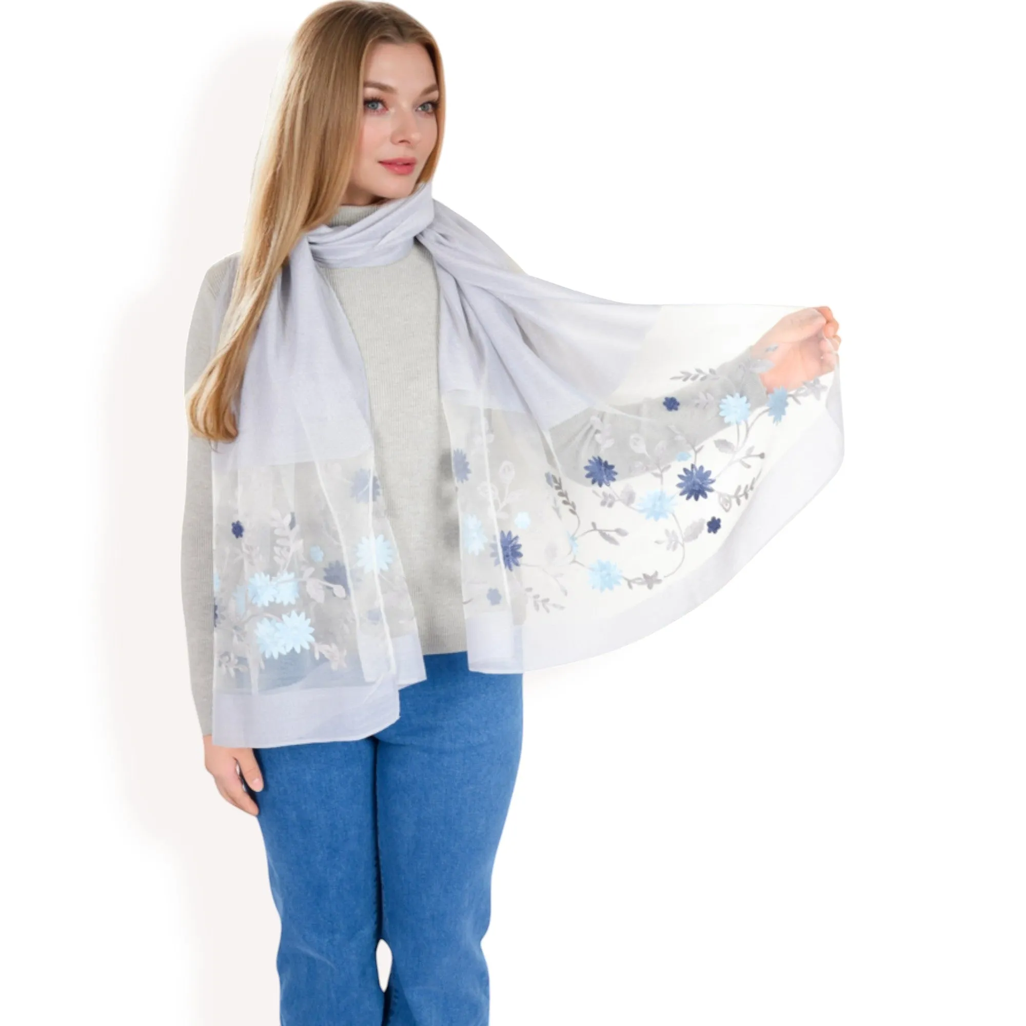 Women's Elegant Floral Scarf with Lightweight Textured Fabric Overlay for Sophisticated Style