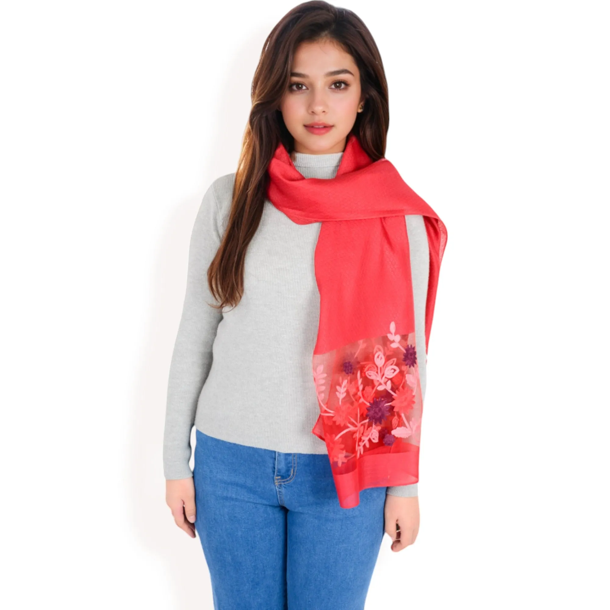 Women's Elegant Floral Scarf with Lightweight Textured Fabric Overlay for Sophisticated Style