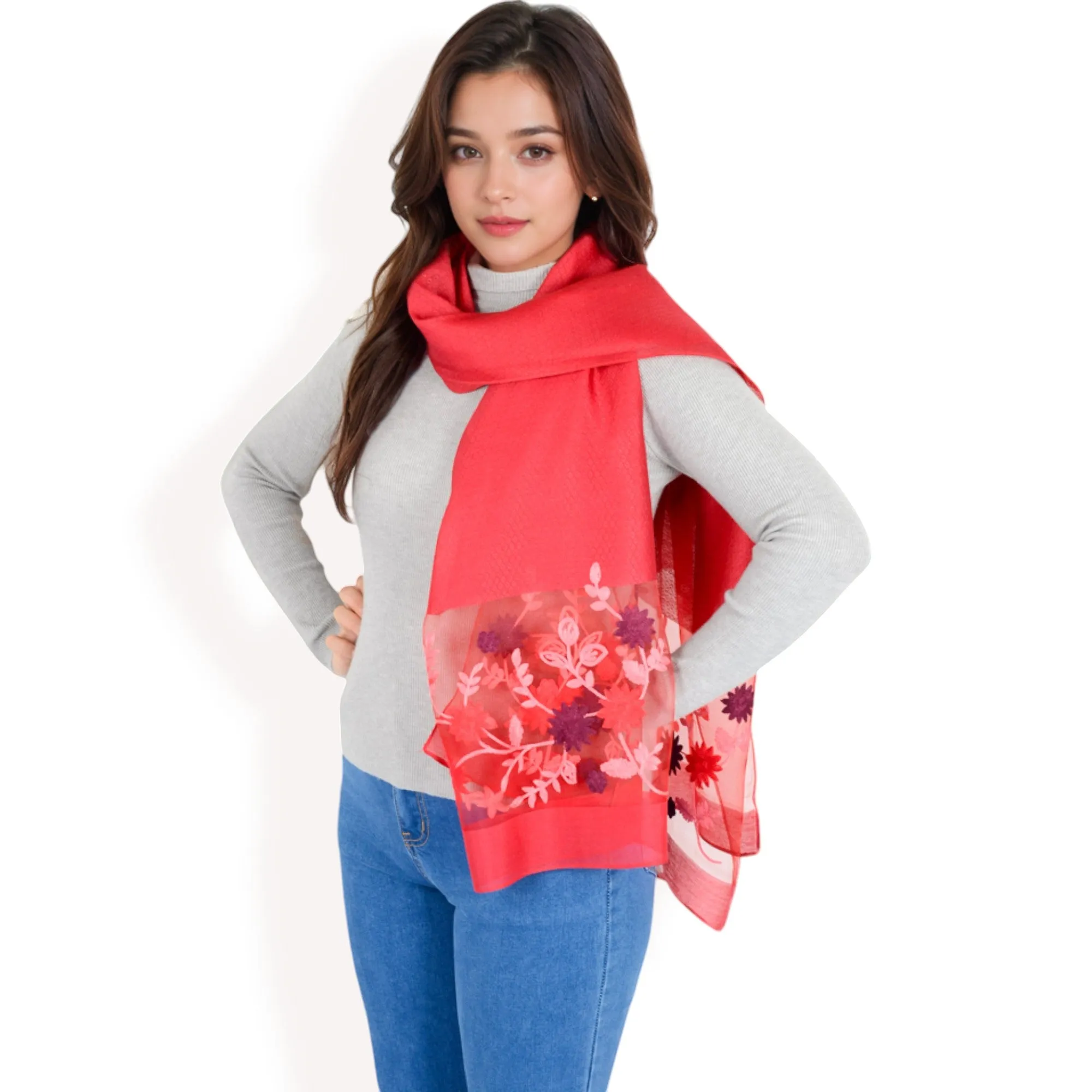 Women's Elegant Floral Scarf with Lightweight Textured Fabric Overlay for Sophisticated Style