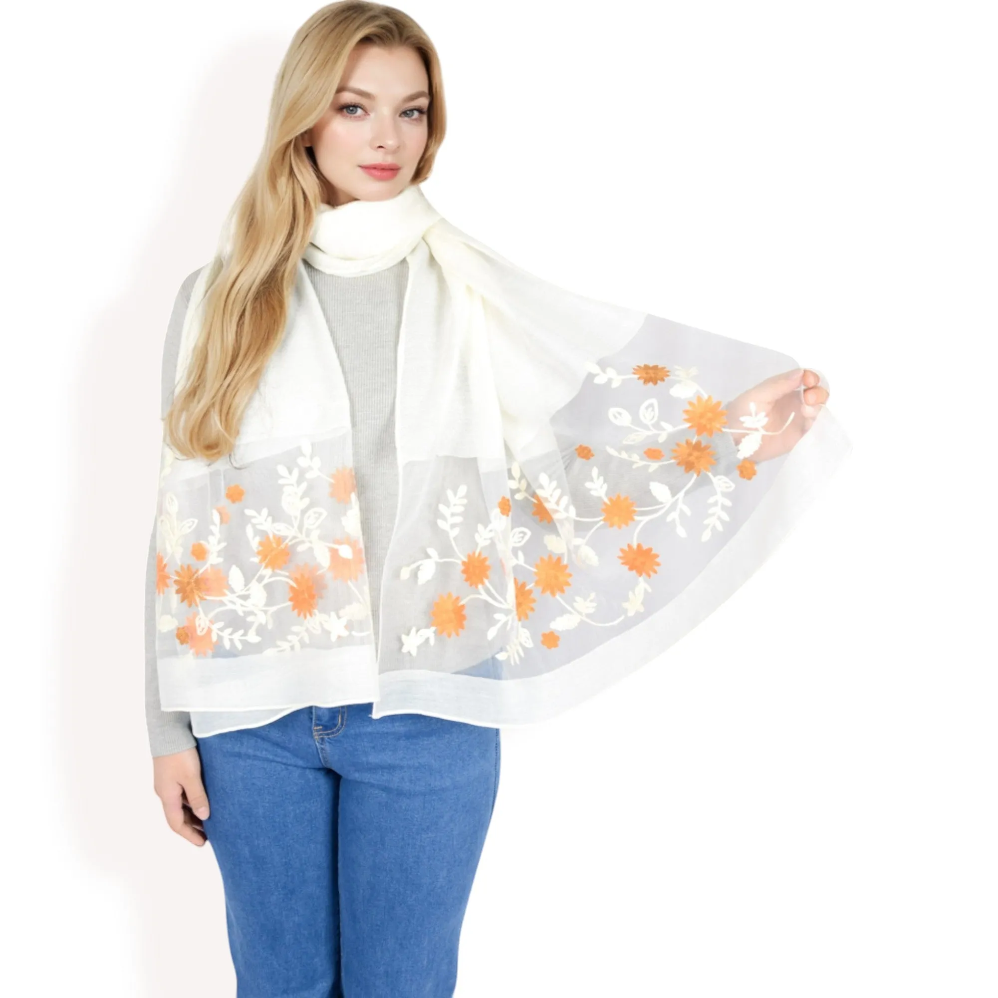 Women's Elegant Floral Scarf with Lightweight Textured Fabric Overlay for Sophisticated Style