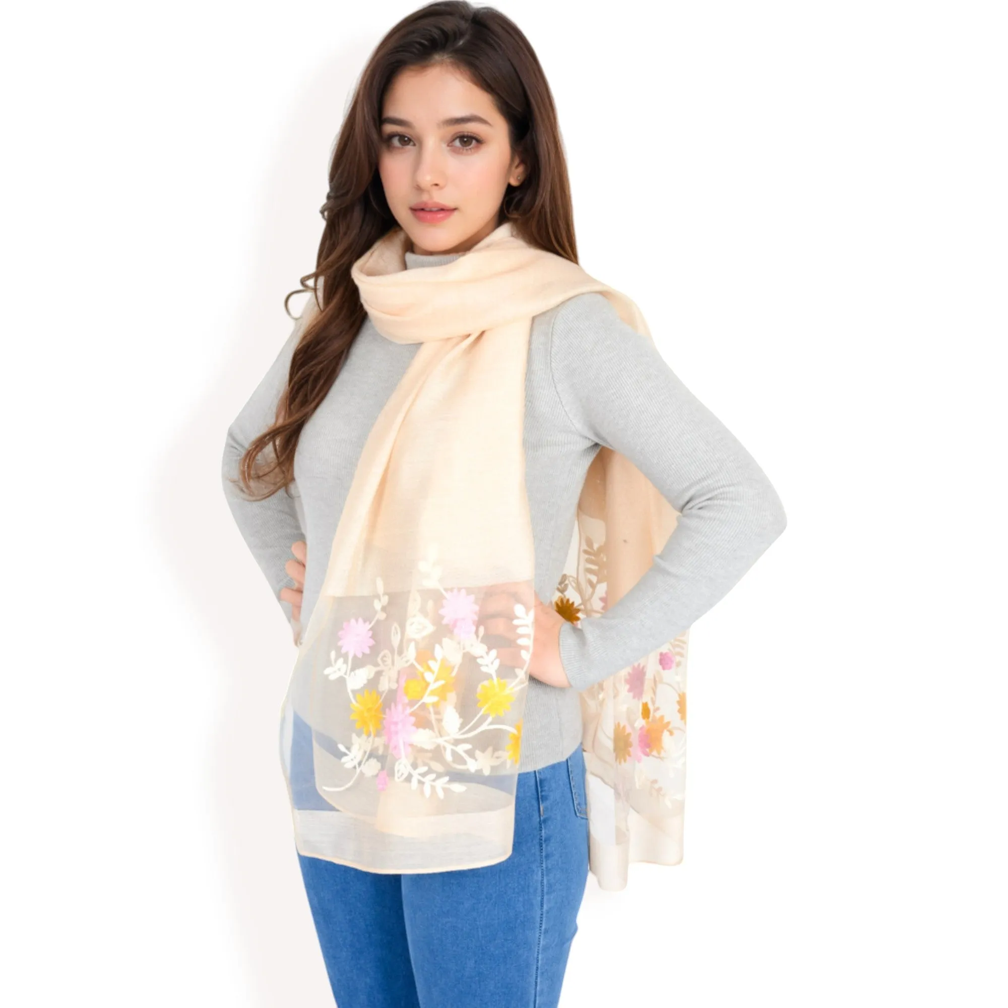 Women's Elegant Floral Scarf with Lightweight Textured Fabric Overlay for Sophisticated Style