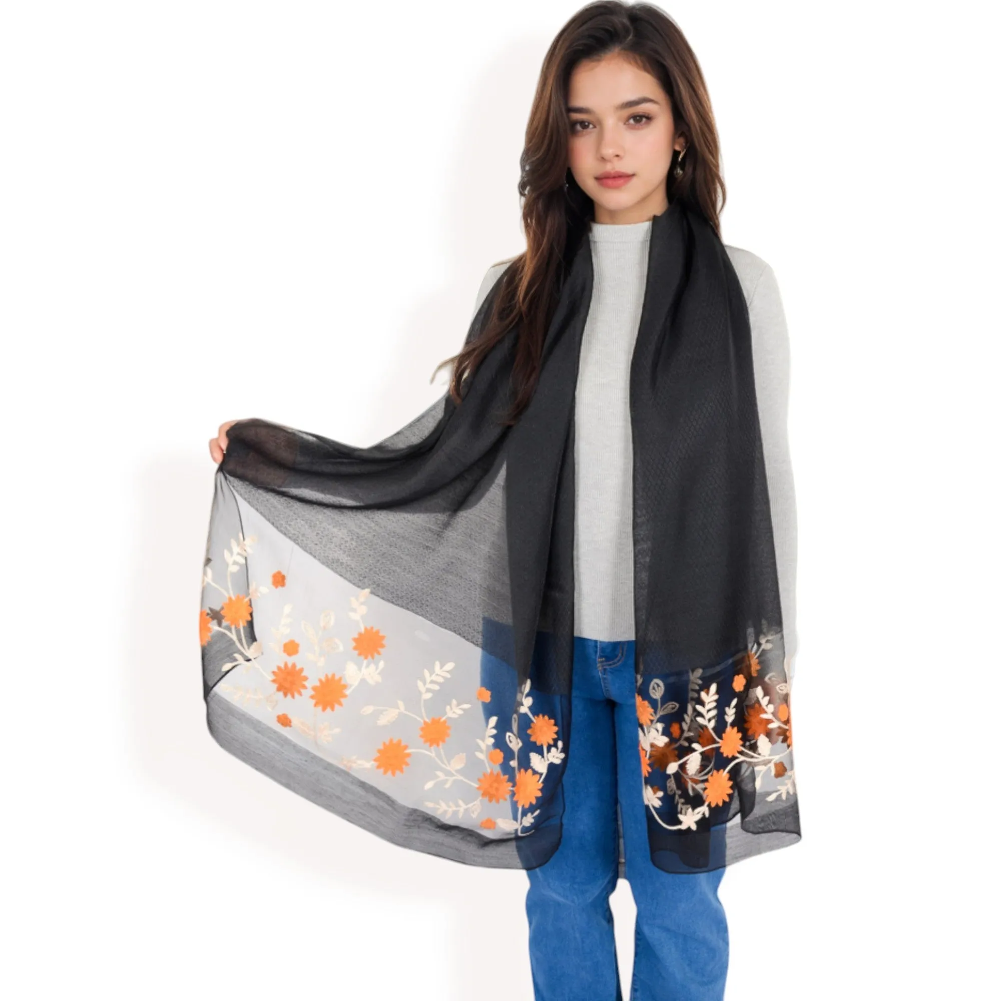 Women's Elegant Floral Scarf with Lightweight Textured Fabric Overlay for Sophisticated Style