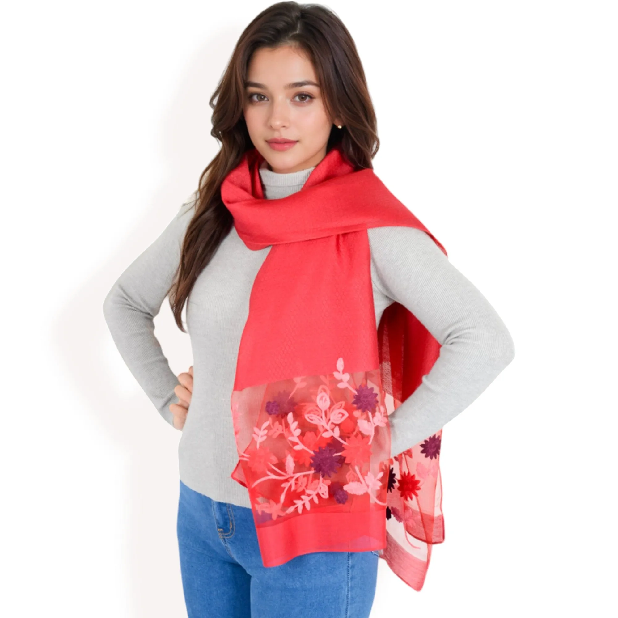 Women's Elegant Floral Scarf with Lightweight Textured Fabric Overlay for Sophisticated Style