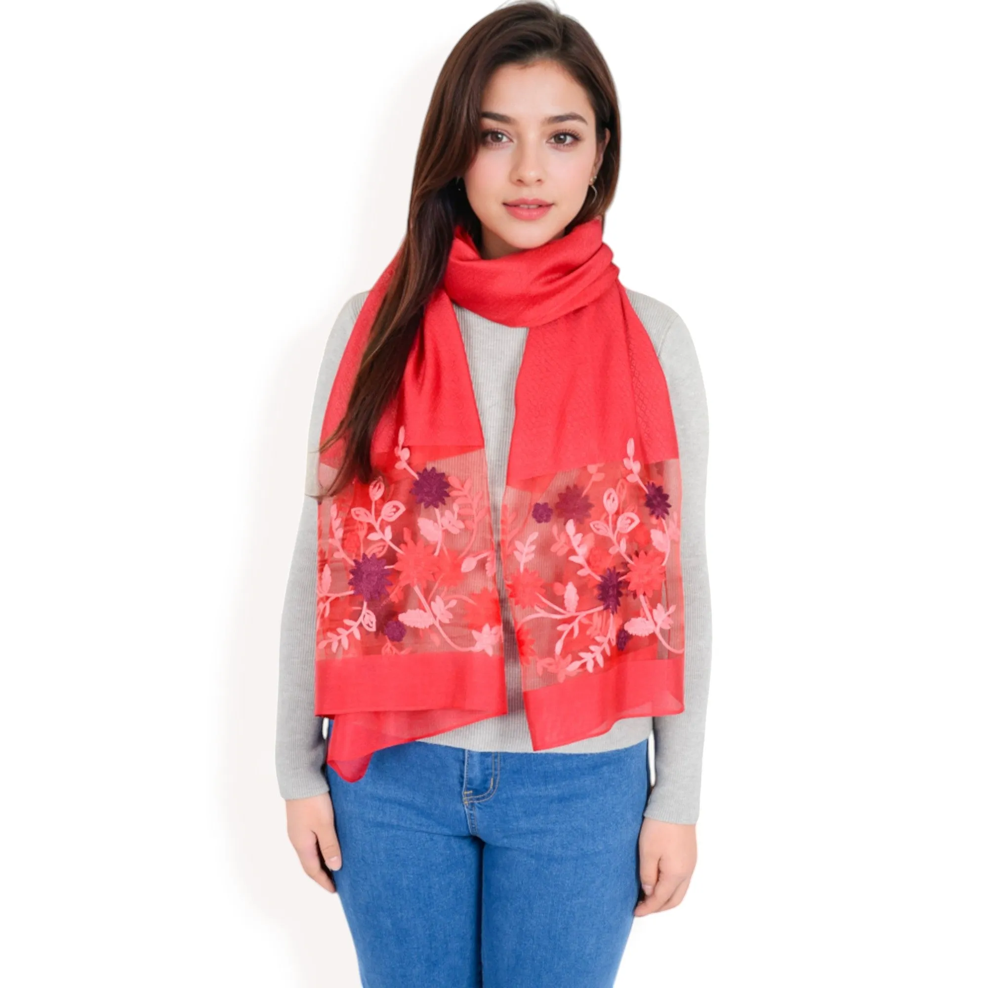 Women's Elegant Floral Scarf with Lightweight Textured Fabric Overlay for Sophisticated Style